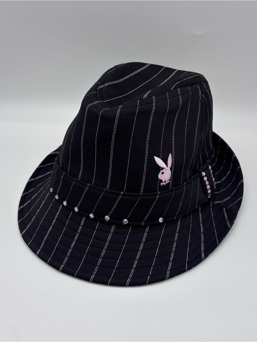 Y2K PLAYBOY Black Pinstripe Bucket Hat with Pink Bunny & Pink Studs